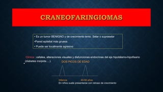 DOS PICOS DE EDAD
Infancia 40-50 años
En niños suele presentarse con retraso de crecimiento
• Es un tumor BENIGNO y de crecimiento lento. Selar o supraselar
•Pared epitelial más gruesa
• Puede ser localmente agresivo
Clínica : cefalea, alteraciones visuales y disfunciones endocrinas del eje hipotálamo-hipofisario
(diabetes insípida….).
CRANEOFARINGIOMASCRANEOFARINGIOMAS
 
