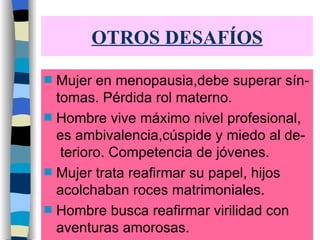 OTROS DESAFÍOS Mujer en menopausia,debe superar sín-tomas. Pérdida rol materno. Hombre vive máximo nivel profesional,  es ambivalencia,cúspide y miedo al de-  terioro. Competencia de jóvenes. Mujer trata reafirmar su papel, hijos  acolchaban roces matrimoniales. Hombre busca reafirmar virilidad con  aventuras amorosas. 