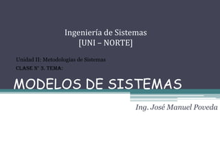 MODELOS DE SISTEMAS Ingeniería de Sistemas [UNI – NORTE] Unidad II: Metodologías de Sistemas Clase N° 3. Tema: Ing. José Manuel Poveda 
