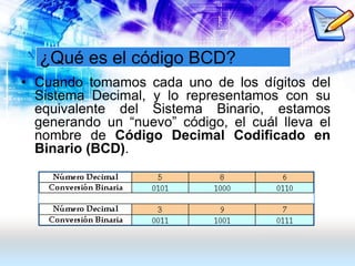¿Qué es el código BCD?
• Cuando tomamos cada uno de los dígitos del
Sistema Decimal, y lo representamos con su
equivalente del Sistema Binario, estamos
generando un “nuevo” código, el cuál lleva el
nombre de Código Decimal Codificado en
Binario (BCD).
 