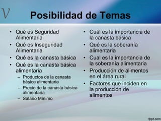 V Posibilidad de Temas
• Qué es Seguridad
Alimentaria
• Qué es Inseguridad
Alimentaria
• Qué es la canasta básica
• Qué es la canasta básica
alimentaria
– Productos de la canasta
básica alimentaria
– Precio de la canasta básica
alimentaria
– Salario Mínimo
• Cuál es la importancia de
la canasta básica
• Qué es la soberanía
alimentaria
• Cual es la importancia de
la soberanía alimentaria
• Producción de alimentos
en el área rural
• Factores que inciden en
la producción de
alimentos
 