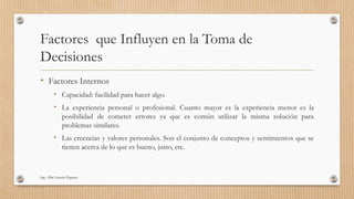 Factores que Influyen en la Toma de
Decisiones
• Factores Internos
• Capacidad: facilidad para hacer algo.
• La experiencia personal o profesional. Cuanto mayor es la experiencia menor es la
posibilidad de cometer errores ya que es común utilizar la misma solución para
problemas similares.
• Las creencias y valores personales. Son el conjunto de conceptos y sentimientos que se
tienen acerca de lo que es bueno, justo, etc.
Ing. Alba Lissette Peguero
 