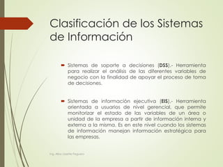 Clasificación de los Sistemas
de Información
 Sistemas de soporte a decisiones (DSS).- Herramienta
para realizar el análisis de las diferentes variables de
negocio con la finalidad de apoyar el proceso de toma
de decisiones.
 Sistemas de información ejecutiva (EIS).- Herramienta
orientada a usuarios de nivel gerencial, que permite
monitorizar el estado de las variables de un área o
unidad de la empresa a partir de información interna y
externa a la misma. Es en este nivel cuando los sistemas
de información manejan información estratégica para
las empresas.
Ing. Alba Lissette Peguero
 