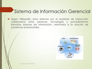Sistema de Información Gerencial
 Según Wikipedia, estos sistemas son el resultado de interacción
colaborativa entre personas, tecnologías y procedimientos
llamados sistemas de información, orientados a la solución de
problemas empresariales.
Ing. Alba Lissette Peguero
 