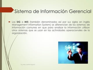 Sistema de Información Gerencial
 Los SIG o MIS (también denominados así por sus siglas en inglés
Management Information System) se diferencian de los sistemas de
información comunes en que para analizar la información utilizan
otros sistemas que se usan en las actividades operacionales de la
organización.
Ing. Alba Lissette Peguero
 