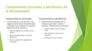 Componentes centrales y periféricos de
la Personalidad
Características centrales
 Las que definen a las personas, los
rasgos característicos fundamentales
y duraderos que influyen en grandes
segmentos de la conducta.
 Maria es egoísta en su trato con los
demás
 Maria No sabe perder y es mala
deportista
 Maria se somete en seguida a la
autoridad
Características periféricas
 Determinantes limitados de la
conducta que están sujetos a
cambios. Preferencias y aversiones
 Maria le gusta mas el te que el
café
 Ella se baña en tina y no en
regadera
 Prefiere la tele a un libro
 