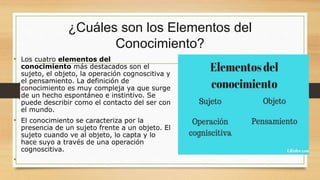 ¿Cuáles son los Elementos del
Conocimiento?
• Los cuatro elementos del
conocimiento más destacados son el
sujeto, el objeto, la operación cognoscitiva y
el pensamiento. La definición de
conocimiento es muy compleja ya que surge
de un hecho espontáneo e instintivo. Se
puede describir como el contacto del ser con
el mundo.
• El conocimiento se caracteriza por la
presencia de un sujeto frente a un objeto. El
sujeto cuando ve al objeto, lo capta y lo
hace suyo a través de una operación
cognoscitiva.
•
 