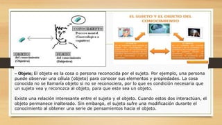 – Objeto; El objeto es la cosa o persona reconocida por el sujeto. Por ejemplo, una persona
puede observar una célula (objeto) para conocer sus elementos y propiedades. La cosa
conocida no se llamaría objeto si no se reconociera, por lo que es condición necesaria que
un sujeto vea y reconozca al objeto, para que este sea un objeto.
Existe una relación interesante entre el sujeto y el objeto. Cuando estos dos interactúan, el
objeto permanece inalterado. Sin embargo, el sujeto sufre una modificación durante el
conocimiento al obtener una serie de pensamientos hacia el objeto.
 