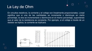 La Ley de Ohm
En circuitos resistivos, la corriente y el voltaje son linealmente proporcionales. Lineal
significa que si una de las cantidades se incrementa o disminuye en cierto
porcentaje, la otra se incrementará o disminuirá en el mismo porcentaje, suponiendo
que el valor de la resistencia es constante. Por ejemplo, si el voltaje a través de un
resistor se triplica, la corriente se triplicará.
 
