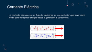 La corriente eléctrica es un flujo de electrones en un conductor que sirve como
medio para transportar energía desde el generador al consumidor.
Corriente Eléctrica
 