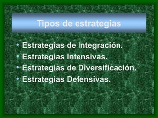 1
Tipos de estrategias
• Estrategias de Integración.
• Estrategias Intensivas.
• Estrategias de Diversificación.
• Estrategias Defensivas.
 