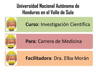 Universidad Nacional Autónoma de
Honduras en el Valle de Sula
Curso: Investigación Científica
Para: Carrera de Medicina
Facilitadora: Dra. Elba Morán
 