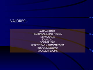 VALORES: AYUDA MUTUA  RESPONSABILIDAD PROPIA  DEMOCRACIA IGUALDAD SOLIDARIDAD HONESTIDAD Y TRASPARENCIA RESPONSABILIDAD VOCACION SOCIAL 