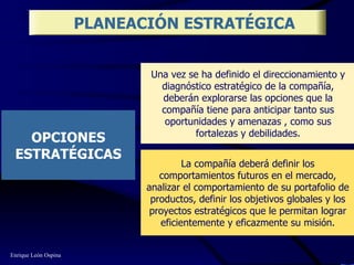 OPCIONES ESTRATÉGICAS PLANEACIÓN ESTRATÉGICA La compañía deberá definir los comportamientos futuros en el mercado, analizar el comportamiento de su portafolio de productos, definir los objetivos globales y los proyectos estratégicos que le permitan lograr eficientemente y eficazmente su misión. Una vez se ha definido el direccionamiento y diagnóstico estratégico de la compañía, deberán explorarse las opciones que la compañía tiene para anticipar tanto sus oportunidades y amenazas , como sus fortalezas y debilidades. Enrique León Ospina 