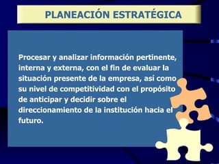 PLANEACIÓN ESTRATÉGICA Procesar y analizar información pertinente, interna y externa, con el fin de evaluar la situación presente de la empresa, así como su nivel de competitividad con el propósito de anticipar y decidir sobre el direccionamiento de la institución hacia el futuro. 