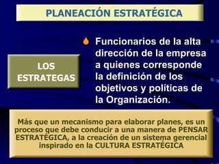 LOS ESTRATEGAS PLANEACIÓN ESTRATÉGICA Más que un mecanismo para elaborar planes, es un proceso que debe conducir a una manera de PENSAR ESTRATÉGICA, a la creación de un sistema gerencial inspirado en la CULTURA ESTRATÉGICA Funcionarios de la alta dirección de la empresa a quienes corresponde la definición de los objetivos y políticas de la Organización. 