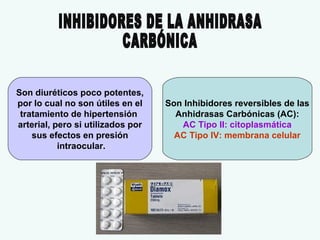 Son diuréticos poco potentes,
por lo cual no son útiles en el
tratamiento de hipertensión
arterial, pero si utilizados por
sus efectos en presión
intraocular.

Son Inhibidores reversibles de las
Anhidrasas Carbónicas (AC):
AC Tipo II: citoplasmática
AC Tipo IV: membrana celular

 