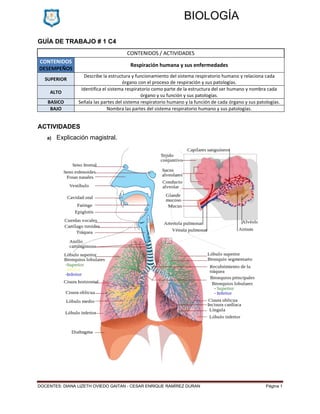 DOCENTES: DIANA LIZETH OVIEDO GAITAN - CESAR ENRIQUE RAMÍREZ DURAN Página 1
BIOLOGÍA
GUÍA DE TRABAJO # 1 C4
CONTENIDOS / ACTIVIDADES
CONTENIDOS
DESEMPEÑOS
Respiración humana y sus enfermedades
SUPERIOR
Describe la estructura y funcionamiento del sistema respiratorio humano y relaciona cada
órgano con el proceso de respiración y sus patologías.
ALTO
Identifica el sistema respiratorio como parte de la estructura del ser humano y nombra cada
órgano y su función y sus patologías.
BASICO Señala las partes del sistema respiratorio humano y la función de cada órgano y sus patologías.
BAJO Nombra las partes del sistema respiratorio humano y sus patologías.
ACTIVIDADES
a) Explicación magistral.
 