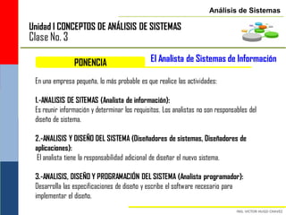 Análisis de Sistemas

Unidad I CONCEPTOS DE ANÁLISIS DE SISTEMAS
Clase No. 3

                PONENCIA                      El Analista de Sistemas de Información

 En una empresa pequeña, lo más probable es que realice las actividades:

 1.-ANALISIS DE SITEMAS (Analista de información):
 Es reunir información y determinar los requisitos. Los analistas no son responsables del
 diseño de sistema.

 2.-ANALISIS Y DISEÑO DEL SISTEMA (Diseñadores de sistemas, Diseñadores de
 aplicaciones):
  El analista tiene la responsabilidad adicional de diseñar el nuevo sistema.

 3.-ANALISIS, DISEÑO Y PROGRAMACIÓN DEL SISTEMA (Analista programador):
 Desarrolla las especificaciones de diseño y escribe el software necesario para
 implementar el diseño.
 