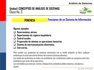 Análisis de Sistemas

Unidad I CONCEPTOS DE ANÁLISIS DE SISTEMAS
Clase No. 3

                 PONENCIA                      Funciones de un Sistema de Información

   Algunos ejemplos:
    Reservaciones aéreas.
    Departamento de registro hospitalario.
    Control escolar.
    Preparación de nóminas en operaciones bancarias.
    Sistema de intercomunicación electrónica.
    Entre otras.
   Para cumplir sus propósitos los sistemas interactúan con su medio ambiente es decir cualquier
   entidad que se sitúa fuera de los límites del sistema (sistemas abiertos).
   Los niveles de rendimiento se miden con estándares. Los rendimientos reales se comparan contra los
   estándares que vienen de la experiencia.
   Las actividades que están por encima o debajo de los estándares deben anotarse, estudiarse y
   ajustar.
 