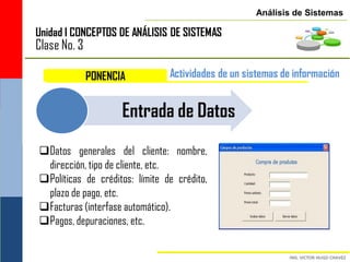 Análisis de Sistemas

Unidad I CONCEPTOS DE ANÁLISIS DE SISTEMAS
Clase No. 3

              PONENCIA          Actividades de un sistemas de información


                     Entrada de Datos
Datos generales del cliente: nombre,
 dirección, tipo de cliente, etc.
Políticas de créditos: límite de crédito,
 plazo de pago, etc.
Facturas (interfase automático).
Pagos, depuraciones, etc.
 