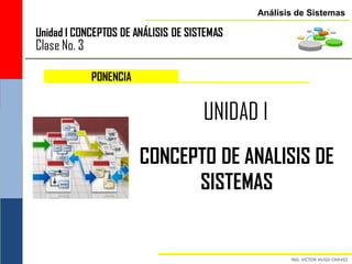 Análisis de Sistemas

Unidad I CONCEPTOS DE ANÁLISIS DE SISTEMAS
Clase No. 3

              PONENCIA


                                     UNIDAD I
                         CONCEPTO DE ANALISIS DE
                               SISTEMAS
 