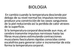 BIOLOGIA
En cambio cuando la temperatura desciende por
debajo de su nivel normal los impulsos nerviosos
produce una constricciónde los vasos sanguíneos
de la piel reduciendo así la perdida de calor atraves
de la superficie.
Si la temperaturacorporal desciende aun mas, el
cerebro transmite impulsos nerviosos hasta las
fibras musculares estimulando contracciones
musculares fasciculares rápidas conocidas como
escalofríos para generar calor e incrementar de esta
forma la temperaturacorporal.
 