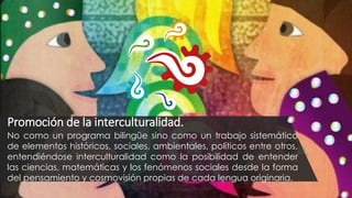 Promoción de la interculturalidad.
No como un programa bilingüe sino como un trabajo sistemático
de elementos históricos, sociales, ambientales, políticos entre otros,
entendiéndose interculturalidad como la posibilidad de entender
las ciencias, matemáticas y los fenómenos sociales desde la forma
del pensamiento y cosmovisión propias de cada lengua originaria.
 