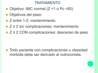 TRATAMIENTO
 Objetivo: IMC normal (Z <1 o Pc <85)
 Objetivos del peso:
 Z entre 1-2: mantenimiento
 Z ≥ 2 sin complicaciones: mantenimiento
 Z ≥ 2 CON complicaciones: descenso de peso
 Todo paciente con complicaciones u obesidad
mórbida debe ser derivado al nutricionista.
 