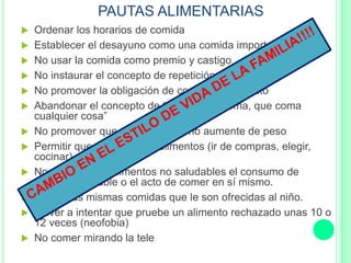 PAUTAS ALIMENTARIAS
 Ordenar los horarios de comida
 Establecer el desayuno como una comida importante
 No usar la comida como premio y castigo
 No instaurar el concepto de repetición de porciones.
 No promover la obligación de comer todo el plato
 Abandonar el concepto de “con tal que coma, que coma
cualquier cosa”
 No promover que un niño pequeño aumente de peso
 Permitir que manipule los alimentos (ir de compras, elegir,
cocinar)
 No premiar con alimentos no saludables el consumo de
comida saludable o el acto de comer en sí mismo.
 Comer las mismas comidas que le son ofrecidas al niño.
 Volver a intentar que pruebe un alimento rechazado unas 10 o
12 veces (neofobia)
 No comer mirando la tele
 