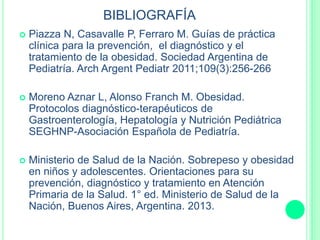 BIBLIOGRAFÍA
 Piazza N, Casavalle P, Ferraro M. Guías de práctica
clínica para la prevención, el diagnóstico y el
tratamiento de la obesidad. Sociedad Argentina de
Pediatría. Arch Argent Pediatr 2011;109(3):256-266
 Moreno Aznar L, Alonso Franch M. Obesidad.
Protocolos diagnóstico-terapéuticos de
Gastroenterología, Hepatología y Nutrición Pediátrica
SEGHNP-Asociación Española de Pediatría.
 Ministerio de Salud de la Nación. Sobrepeso y obesidad
en niños y adolescentes. Orientaciones para su
prevención, diagnóstico y tratamiento en Atención
Primaria de la Salud. 1° ed. Ministerio de Salud de la
Nación, Buenos Aires, Argentina. 2013.
 