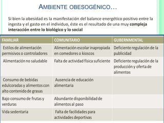 AMBIENTE OBESOGÉNICO…
Si bien la obesidad es la manifestación del balance energético positivo entre la
ingesta y el gasto en el individuo, éste es el resultado de una muy compleja
interacción entre lo biológico y lo social
 
