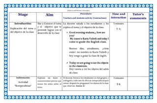 Escuela Normal Superior De Villahermosa
Didáctica delIdioma >extranjero
Stage Aim Procedure:
Teachers and students activity (Instructions)
Time and
interaction
Tutor’s
comments
Introducción:
Explicación del tema y
del objetivo de la clase.
Dar a Conocer el tema
y el objetivo que se
pretende lograr con el
desarrollo de la clase
La docente saluda a los estudiantes y les
explica el tema y el objetivo de la clase.
 Good morning students, ¿ how are
you?
My name is Karin Yulieth and today I
come to guide the English class.
Buenos días, estudiantes, ¿cómo
están?, mi nombre es Karin Yulieth y
hoy vengo a guiar la clase de inglés.
 Today we are going to see the objects
in the classroom.
Hoy vamos a ver los objetos del salón
de clase.
5 minutes
T- S.
Ambientación:
Actividad
“Rompecabezas”
Explorar las bases y
conocimientos previos que
tienen los niños sobre el
tema.
El docente forma a los estudiantes en dos grupos, y
entregará a cada uno de ellos un rompecabezaspara
armar, después les preguntará los objetos de la clase
que observan. Anexo A
5 minutes
t-s
 