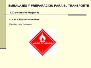 EMBALAJES Y PREPARACION PARA EL TRANSPORTE 5.3. Mercancías Peligrosas CLASE 3: Líquidos Inflamables. Petróleo y sus derivados. LIQUIDO INFLAMABLE 