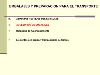 EMBALAJES Y PREPARACION PARA EL TRANSPORTE III.  ASPECTOS TECNICOS DEL EMBALAJE 4.  ACCESORIOS DE EMBALAJES  Materiales de Amortiguamiento Elementos de Fijación y Compactación de Cargas 
