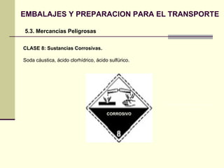 EMBALAJES Y PREPARACION PARA EL TRANSPORTE 5.3. Mercancías Peligrosas CLASE 8: Sustancias Corrosivas. Soda cáustica, ácido clorhídrico, ácido sulfúrico. PELIGROSO EN CONTACTO  CON EL AGUA CORROSIVO 