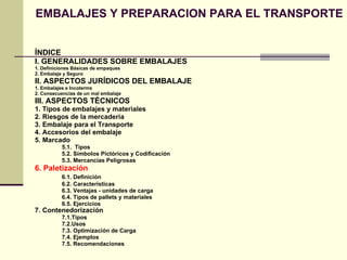 ÍNDICE I. GENERALIDADES SOBRE EMBALAJES 1. Definiciones Básicas de empaques 2. Embalaje y Seguro II. ASPECTOS JURÍDICOS DEL EMBALAJE 1. Embalajes e Incoterms 2. Consecuencias de un mal embalaje III. ASPECTOS TÉCNICOS 1. Tipos de embalajes y materiales 2. Riesgos de la mercadería 3. Embalaje para el Transporte 4. Accesorios del embalaje 5. Marcado 5.1.  Tipos 5.2. Símbolos Pictóricos y Codificación 5.3. Mercancías Peligrosas 6. Paletización 6.1. Definición 6.2. Características 6.3. Ventajas - unidades de carga 6.4. Tipos de pallets y materiales 6.5. Ejercicios  7. Contenedorización 7.1.Tipos 7.2.Usos 7.3. Optimización de Carga 7.4. Ejemplos 7.5. Recomendaciones EMBALAJES Y PREPARACION PARA EL TRANSPORTE 