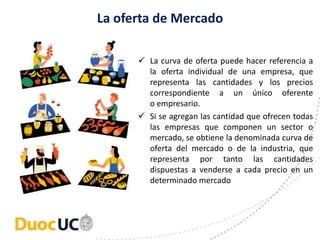 La oferta de Mercado
 La curva de oferta puede hacer referencia a
la oferta individual de una empresa, que
representa las cantidades y los precios
correspondiente a un único oferente
o empresario.
 Si se agregan las cantidad que ofrecen todas
las empresas que componen un sector o
mercado, se obtiene la denominada curva de
oferta del mercado o de la industria, que
representa por tanto las cantidades
dispuestas a venderse a cada precio en un
determinado mercado
 