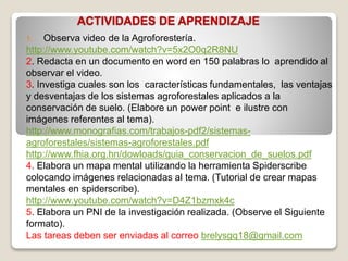 ACTIVIDADES DE APRENDIZAJE
1. Observa video de la Agroforestería.
http://www.youtube.com/watch?v=5x2O0q2R8NU
2. Redacta en un documento en word en 150 palabras lo aprendido al
observar el video.
3. Investiga cuales son los características fundamentales, las ventajas
y desventajas de los sistemas agroforestales aplicados a la
conservación de suelo. (Elabore un power point e ilustre con
imágenes referentes al tema).
http://www.monografias.com/trabajos-pdf2/sistemas-
agroforestales/sistemas-agroforestales.pdf
http://www.fhia.org.hn/dowloads/guia_conservacion_de_suelos.pdf
4. Elabora un mapa mental utilizando la herramienta Spiderscribe
colocando imágenes relacionadas al tema. (Tutorial de crear mapas
mentales en spiderscribe).
http://www.youtube.com/watch?v=D4Z1bzmxk4c
5. Elabora un PNI de la investigación realizada. (Observe el Siguiente
formato).
Las tareas deben ser enviadas al correo brelysgq18@gmail.com
 