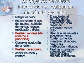 Los objetivos de nuestra
     intervención se realizan en
        función del paciente:
   Mitigar el dolor.         El paciente, al
                               término de la
   Educar sobre el uso        intervención de
    del muleta, cuidado        enfermería, será
    de herida, reposo,         capaz de:
    medicación, dieta.
                              Presentar menos
                               dolor.
   Realizar vendaje (de      Usar la o las muletas
    acuerdo a                  adecuadamente.
    principios).              Cuidar su herida
   Observar evolución
                              mantener el reposo.
    de la lesión.
                              Seguir las
                               medicación indicada.
   Realizar curaciones.      Realizar su propio
   Asistir en aseo y          autocuidado y/o
                               solicitar ayuda
    confort.                   cuando lo requiera.
 