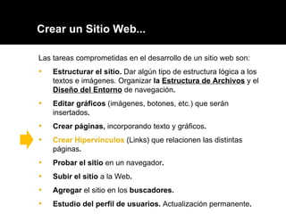 Crear un Sitio Web... Las tareas comprometidas en el desarrollo de un sitio web son: Estructurar el sitio.  Dar algún tipo de estructura lógica a los textos e imágenes. Organizar  la  Estructura de Archivos   y el  Diseño del Entorno   de navegación . Editar gráficos  (imágenes, botones, etc.) que serán insertados . Crear páginas,  incorporando texto y gráficos .  Crear Hipervínculos  (Links) que relacionen las distintas páginas .  Probar el sitio  en un navegador . Subir el sitio  a la Web .  Agregar  el sitio en los  buscadores. Estudio del perfil de usuarios.  Actualización permanente . 