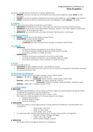 Lengua Castellana y Literatura
Clases de palabras
4
Las formas verbales sitúan la acción en un tiempo determinado.
 PRESENTE: la acción coincide con el momento en el que se está hablando: Juego ahora, en este
momento.
 PASADO: la acción es anterior al momento en el que se está hablando: Jugaba antes, esta mañana.
 FUTURO: la acción se sitúa en un tiempo que aún no ha llegado: Jugaré después, más tarde.
6. EL MODO:
Informan de la actitud que tiene el hablante cuando habla.
 INDICATIVO: El hablante ve la acción como algo real: Ayer llovió. Hoy llueve. Mañana lloverá.
 SUBJUNTIVO: Ve la acción como algo posible, deseable, dudoso o una orden negativa: Ojalá llueva.
Quizá lloviera. No te pongas esa ropa.
 IMPERATIVO: ve la acción como una orden afirmativa: Siéntate pronto. Venid aquí.
7. LOS TIEMPOS VERBALES
 SIMPLES: constan de una sola palabra: lloraba, lloraría.
 COMPUESTOS: constan de dos palabras:
o una forma del verbo haber
o el participio del verbo que queremos conjugar: he llorado, habría llorado
8. EL ASPECTO:
• PERFECTIVO:
o se da en los tiempos que presentan la acción sin terminar.
o son todos los tiempos simples excepto el pretérito perfecto simple.
o Ej: los niños construían un castillo de arena.
• IMPERFECTIVO:
o se da en los tiempos que presentan la acción ya terminada.
o son todos los tiempos compuestos más el pretérito perfecto simple.
o Ej: los niños construyeron / han construido un castillo de arena.
9. LA VOZ
Los verbos pueden estar en:
• VOZ ACTIVA: El sujeto realiza la acción. Juan escribe una carta.
• VOZ PASIVA: El sujeto recibe la acción. Se forma con el “verbo ser (conjugado) + el participio del verbo”.
La carta es escrita por Juan
10. LAS FORMAS NO PERSONALES
Son las formas verbales que no se pueden conjugar y que no tienen sujeto:
- Infinitivo → AR, ER, IR→ Simple: Cantar, beber, vivir
Compuesto: haber cantado, haber bebido, haber vivido
- Gerundio →ANDO, IENDO→ Simple: Cantando, bebiendo, viviendo
Compuesto: habiendo cantado, habiendo bebido, habiendo vivido
- Participio →ADO, IDO→ Cantado, bebido, vivido
11. CLASES DE VERBOS
► REGULARES
• Mantienen igual el lexema o raíz en todas sus formas y siguen las mismas desinencias que los verbos
modelo de la conjugación a la que pertenecen.
• Los verbos que sirven de modelo son: amar - temer – partir
• Para saber si un verbo es regular o no hay que observar tres tiempos:
o presente de indicativo
o pretérito perfecto simple
o futuro de indicativo.
► IRREGULARES
• Son los que varían su raíz en alguna forma o toman desinencias diferentes a las del modelo de su
conjugación:
- hacer: hago, haré, hice
- saber: sé, supe, sabré
- venir: vengo, vine, vendré
• Los verbos que sólo cambian algunas letras en la raíz pero no los sonidos, son regulares:
- distinguir: distingo, distinguí, distinguiré
- coger: cojo, cogí, cogeré
- pescar: pesco, pesqué, pescaré
► DEFECTIVOS
• Son los que carecen de alguna forma en su conjugación
 