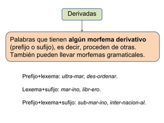 Derivadas



Palabras que tienen algún morfema derivativo
(prefijo o sufijo), es decir, proceden de otras.
También pueden llevar morfemas gramaticales.


    Prefijo+lexema: ultra-mar, des-ordenar.

    Lexema+sufijo: mar-ino, libr-ero.

    Prefijo+lexema+sufijo: sub-mar-ino, inter-nacion-al.
 