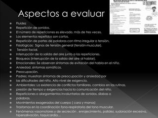 Fluidez
 Repetición de sonidos.
 El número de repeticiones es elevado, más de tres veces.
 Los elementos repetidos son cortos.
 Repetición de partes de palabras con ritmo irregular o tensión.
 Fisiológicas: Signos de tensión general (tensión muscular).
 Tensión facial.
 Interrupción de la salida del aire junto a las repeticiones.
 Bloqueos (interrupción de la salida del aire al hablar).
 Emocionales: Se observan síntomas de evitación del habla en el niño.
 Ansiedad, síntomas somáticos.
 Preocupación.
 Padres: muestran síntomas de preocupación y ansiedad por
 las dificultades del niño. Alto nivel de exigencia.
 Ambientales: La existencia de conflictos familiares, cambios en las rutinas,
 presión de tiempo y exigencias hacia la comunicación del niño.
 Repeticiones o alargamientos involuntarios de sonidos, sílabas o
 palabras.
 Movimientos exagerados del cuerpo ( cara y manos)
 Trastornos en la coordinación fono-respiratoria del tono muscular.
 Fenómenos vasomotores y de secreción . enrojecimiento, palidez, sudoración excesiva,
hipersalivación, taquicardia…
 