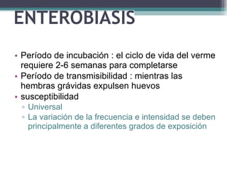 ENTEROBIASIS Período de incubación : el ciclo de vida del verme requiere 2-6 semanas para completarse  Período de transmisibilidad : mientras las hembras grávidas expulsen huevos susceptibilidad  Universal La variación de la frecuencia e intensidad se deben principalmente a diferentes grados de exposición 