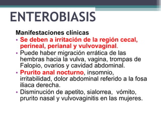 ENTEROBIASIS Manifestaciones clínicas   Se deben a  irritación de la región cecal, perineal, perianal y vulvovaginal . P uede haber migración errática de las hembras hacia la vulva, vagina, trompas de Falopio, ovarios y cavidad abdominal.  P rurito anal nocturno , insomnio, irritabilidad, dolor abdominal referido a la fosa iliaca derecha .   D isminución de apetito, sialorrea,  vómito, prurito nasal y vulvovaginitis en las mujeres.  
