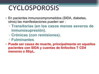 CYCLOSPOROSIS  En pacientes inmunocomprometidos (SIDA, diabetes, otros)  las manifestaciones pueden ser : T ransitorias (en los casos menos severos de inmunosupresión) . C rónicas (con remisiones) .   F ulminantes .  Puede ser causa de muerte, principalmente en aquellos pacientes con SIDA y cuentas de linfocitos T CD4 menores a 50/µL.   