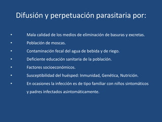 Difusión y perpetuación parasitaria por:	Mala calidad de los medios de eliminación de basuras y excretas.