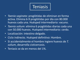 CryptosporidiosisForma infectante: ooquiste maduro (4 esporozoitos).Ciclo directo.Patogenia: alteración de las vellosidades y microvellosidades genera mala absorción -> Diarrea.Inmunocompetentes: Sindrome gastrointestinal agudo de corta duración.Inmunocomprometidos: cuadro diarreico severo, importante baja de peso.Presente en 16% de pacientes con SIDA.Tratamiento: paramomicina, azitromicina (Inmunocomprometidos)