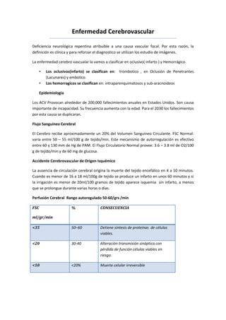 Enfermedad Cerebrovascular

Deficiencia neurológica repentina atribuible a una causa vascular focal. Por esta razón, la
definición es clínica y para reforzar el diagnostico se utilizan los estudio de imágenes.

La enfermedad cerebro vascualar la vamos a clasificar en oclusivo( infarto ) y Hemorrágico.

      •   Los oclusivos(infarto) se clasifican en: trombotico , en Oclusión de Penetrantes
          (Lacunares) y embolico.
      •   Los hemorragicos se clasifican en: intraparenquimatosos y sub-aracnoideos

      Epidemiologia

Los ACV Provocan alrededor de 200,000 fallecimientos anuales en Estados Unidos. Son causa
importante de incapacidad. Su frecuencia aumenta con la edad. Para el 2030 los fallecimientos
por esta causa se duplicaran.

Flujo Sanguíneo Cerebral

El Cerebro recibe aproximadamente un 20% del Volumen Sanguíneo Circulante. FSC Normal:
varía entre 50 – 55 ml/100 g de tejido/min. Este mecanismo de autorregulación es efectivo
entre 60 y 130 mm de Hg de PAM. El Flujo Circulatorio Normal provee: 3.6 – 3.8 ml de O2/100
g de tejido/min y de 60 mg de glucosa.

Accidente Cerebrovascular de Origen Isquémico

La ausencia de circulación cerebral origina la muerte del tejido encefálico en 4 a 10 minutos.
Cuando es menor de 16 a 18 ml/100g de tejido se produce un infarto en unos 60 minutos y si
la irrigación es menor de 20ml/100 gramos de tejido aparece isquemia sin infarto, a menos
que se prolongue durante varias horas o días.

Perfusión Cerebral Rango autoregulado 50-60/grs /min

FSC                    %                CONSECUENCIA

ml/gr/min

<35                    50–60            Detiene síntesis de proteínas de células
                                        viables.

<20                    30-40            Alteración transmisión sináptica con
                                        pérdida de función células viables en
                                        riesgo.

<10                    <20%             Muerte celular irreversible
 
